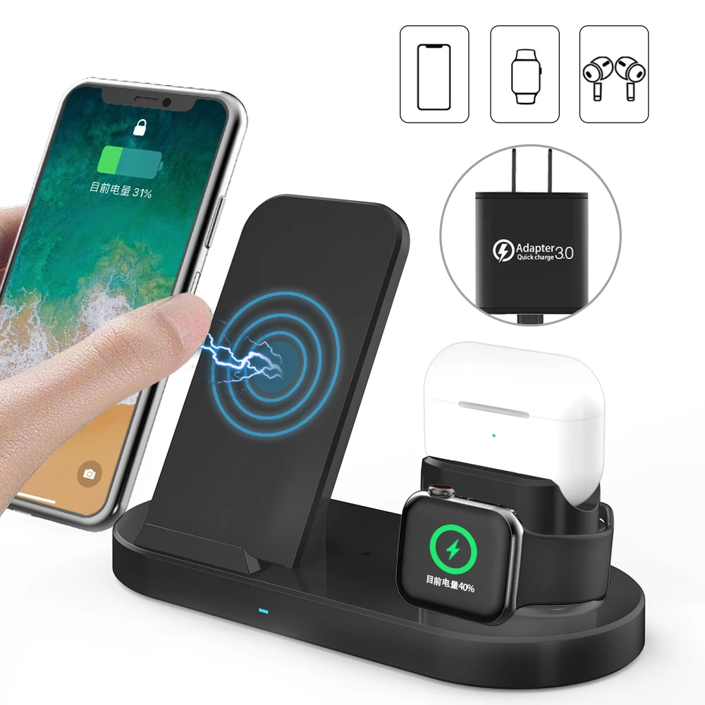 Base de carga inal&aacute;mbrica 3 en 1 para iPhone 13, 12, 11 Pro Max, Airpods, iWatch, estaci&oacute;n de carga r&aacute;pida para Samsung S21, S20, Ultra, Huawei-1