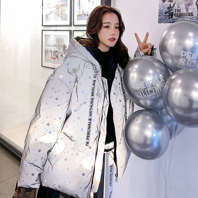 2021 Модное Новое зимнее пуховое хлопковое пальто женская Светоотражающая