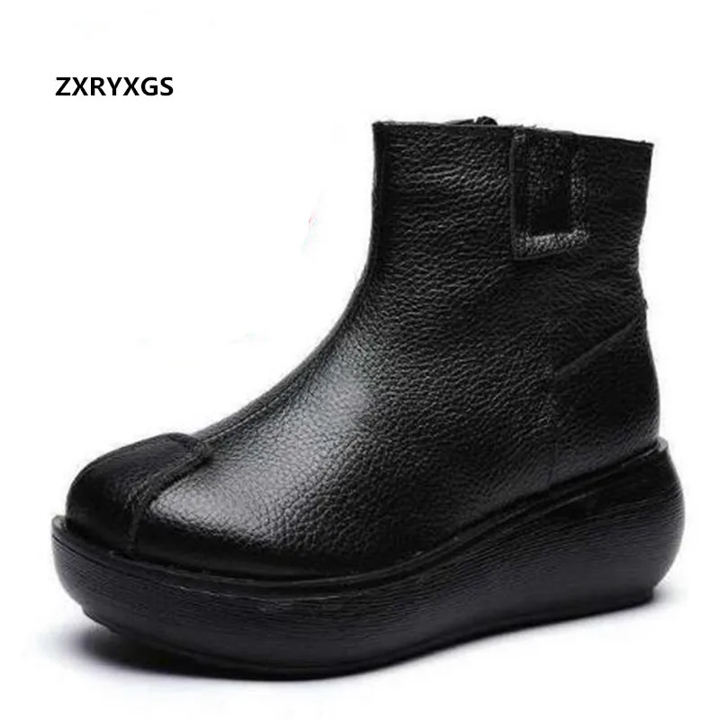 

ZXRYXGS New Top Cowhide Autumn Winter Boots Thick-soled Platform Shoes Woman Wedges High Heels Ankle Boots Warm Shoes Snow Boots