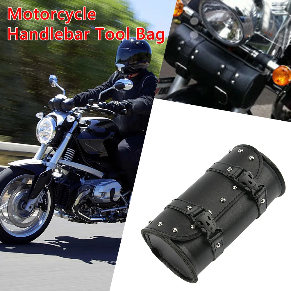 

Black Pannier Saddle Bags Tools PU Leather Motorcycle Tool Bag with Snap Buckles for Fork Handlebar Sissy Bar