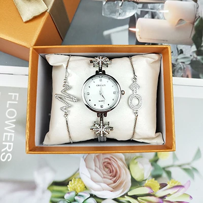 silver watch set Женские часы, подарочный набор, модные наручные часы с ювелирным браслетом, набор, сплав, звезды, стразы, ремешок, простые часы, часы для лица - Цвет: silver watch set