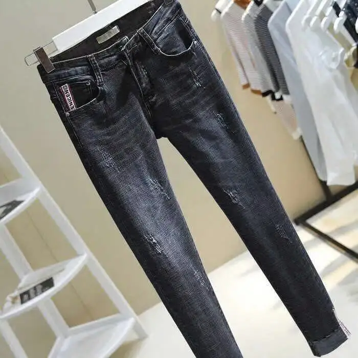 

Woman Jeans Pants High Waist Spring Autumn Washed Ribbon Elastic Pants Women