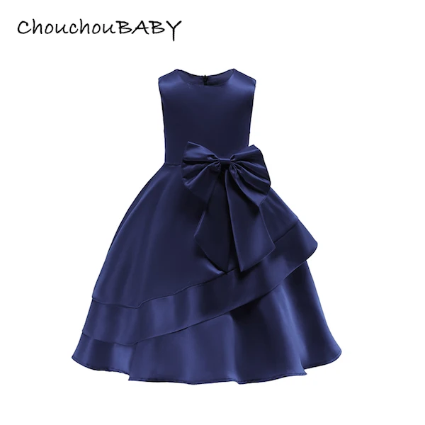NAVY Petit Camelia/однотонное платье принцессы с круглым вырезом, бантом и рюшами; платья для маленьких девочек; Детский костюм; детская одежда для девочек на день рождения - Цвет: NAVY