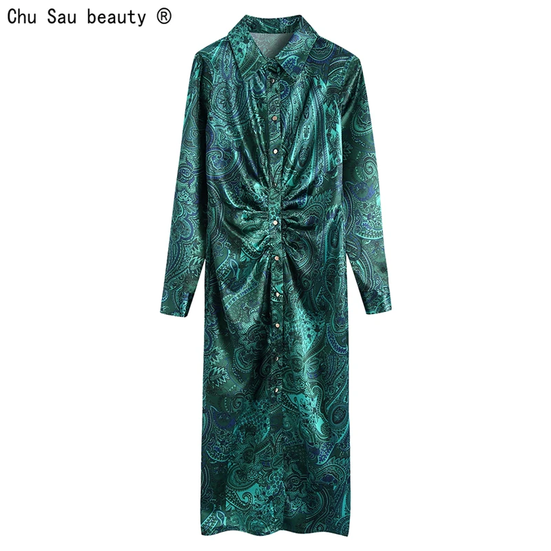 

2022 Spring New French Vintage Style Casual Fashion Print Turn Down Collar Folds Single Breasted Women Dress Vestido Female