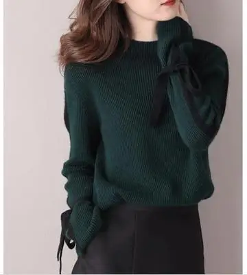

2020 Women Sweater New Slim Soft Sweatshirt Wool Cashmere Streamer Bow Sleeve Knitted Sweater Autumn Winter Long Sleeve Warm