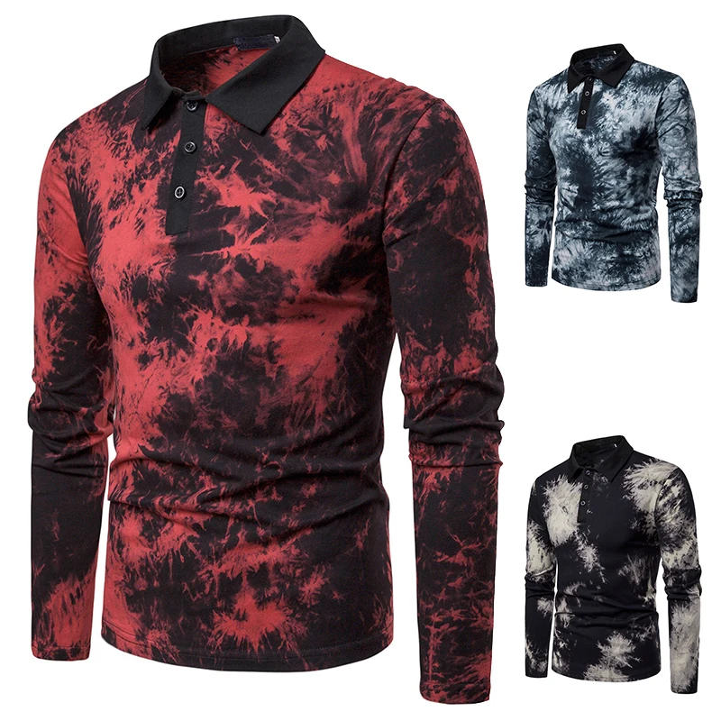 Men's Polo Shirt Casual Male Long Sleeve Tops Printed V-neck Fashion Slim Fit Polos | Мужская одежда