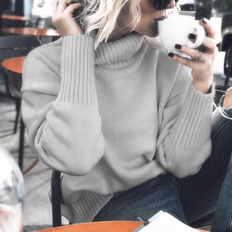 Womens Tops Ladies Sweater Long Sleeve Jumper Fashion Baggy Outwear Solid Turtle Neck Coat | Женская одежда