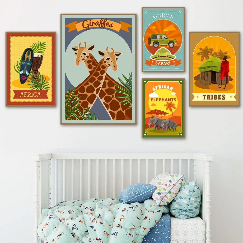 Карта Африки сафари животные жираф слон скандинавские плакаты и принты