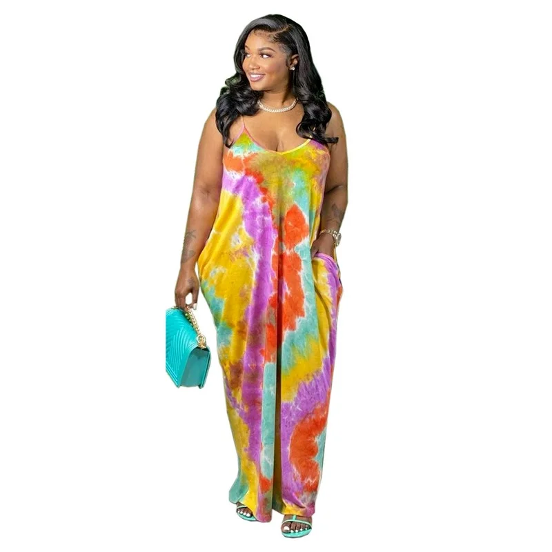 

Print Strap Dress Plus Size 5XL Women Summer Wholesale Sexy Loose Stretch Pockets Elegant Maxi Dresses Polyester Dropshipping