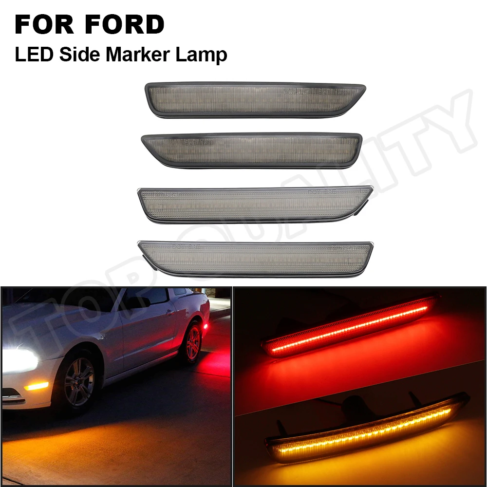 

4Pcs For Ford Mustang 2010 2011 2012 2013 2014 Front+Rear Smoke LED Side Marker Turn Signal Light Amber+Red High Fender Lamp