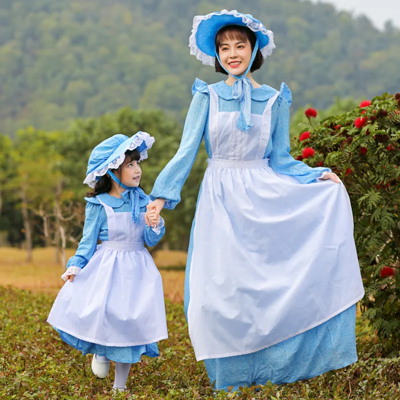 

French idyllic light blue maid dress spring show outing park filming parent-child stage performance clothing