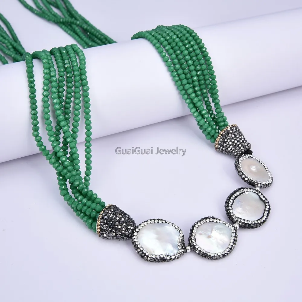 

GG Jewelry 37" 7Strands Green Crystal White Coin Pearl Necklace