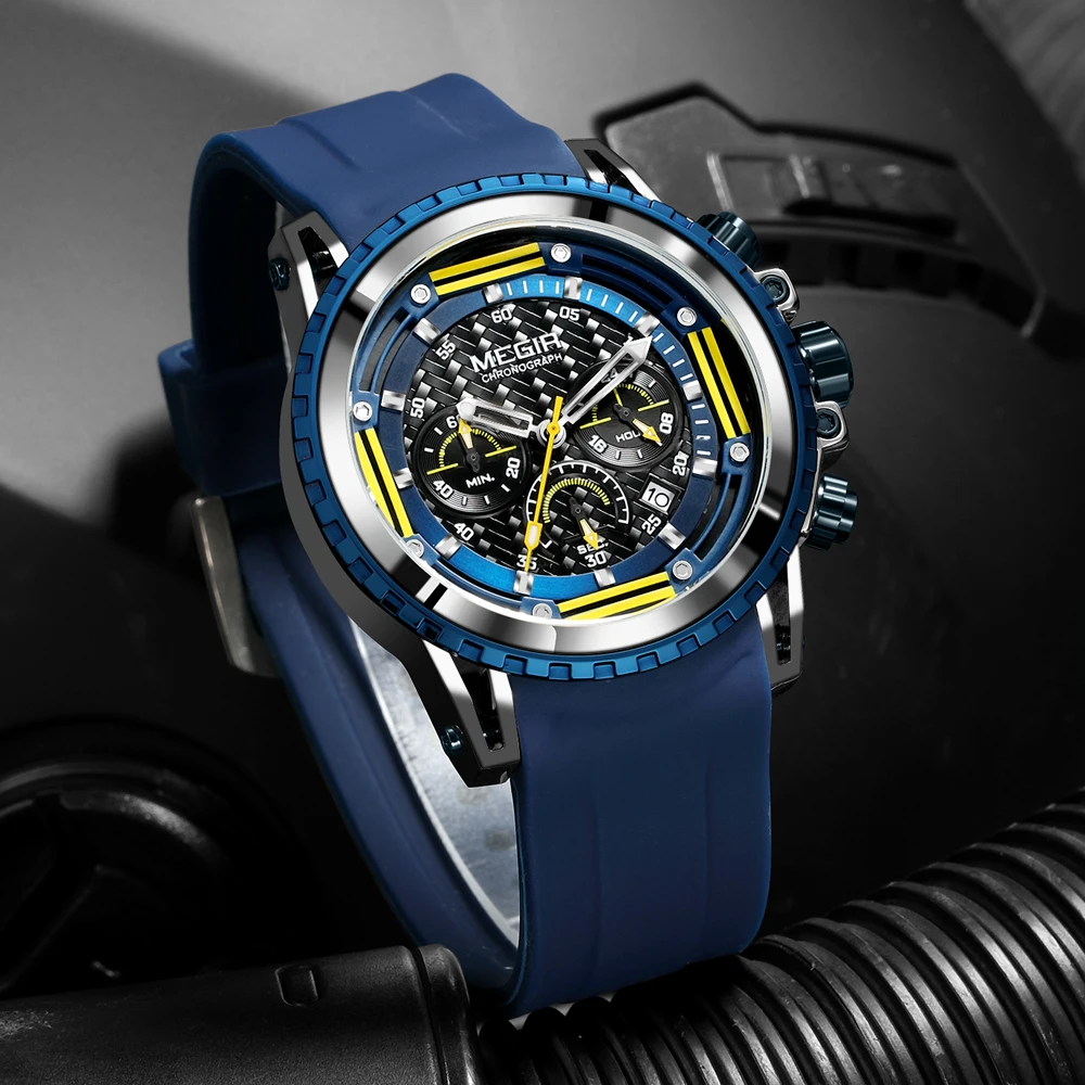

MEGIR 2021 New Blue Sport Men's Wrist Watches Men Fashion Waterproof Luminous Chronograph Army Military Quartz Watch Man Timer