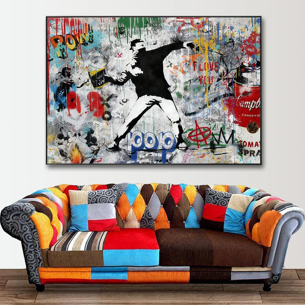 

Abstract Colourful Banksy Poster And Prints Pop Art Canvas Painting On Wall Decorative Graffiti Picture For Living Room Mural