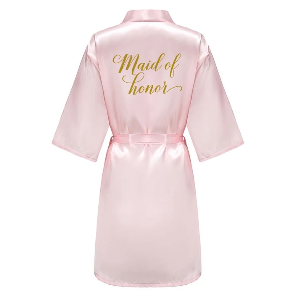 Женский Атласный халат-кимоно розовый банный халат подружки невесты с золотыми