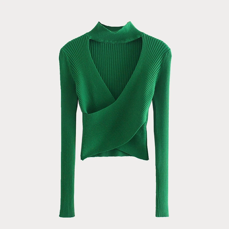 Женский короткий вязаный свитер ZA зеленый пуловер с вырезами длинным рукавом