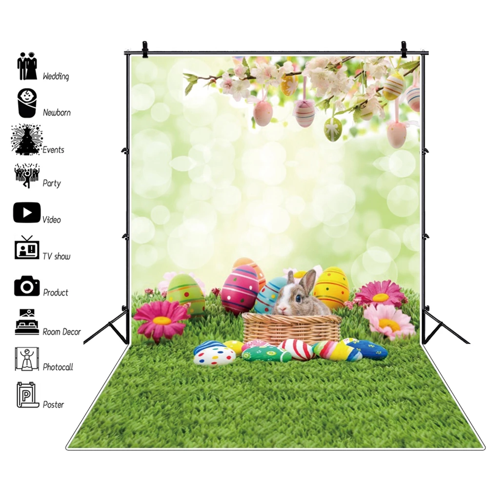 

Spring Easter Backdrop Rabbit Eggs Flowers Grassland Photography Background Bunnies Grass Party Kids Portrait Photo Booth Decor