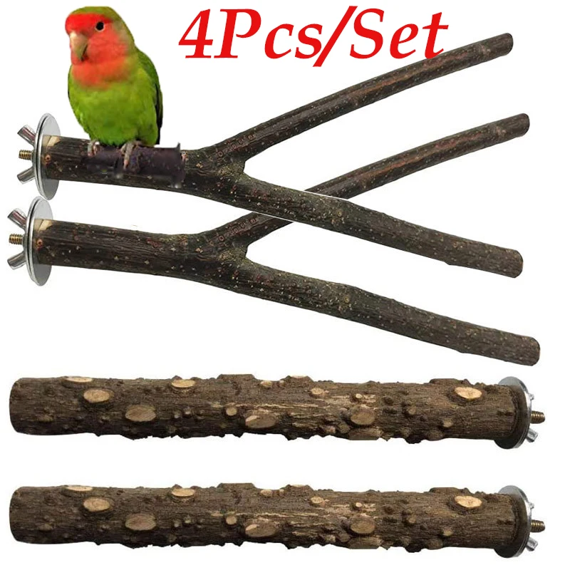 

4Pcs Parrots Bird Stand Bar Parrot Bite Chew Toys Pet Bracket Wooden Rest Play Perches Supplies Birdcage Accessories