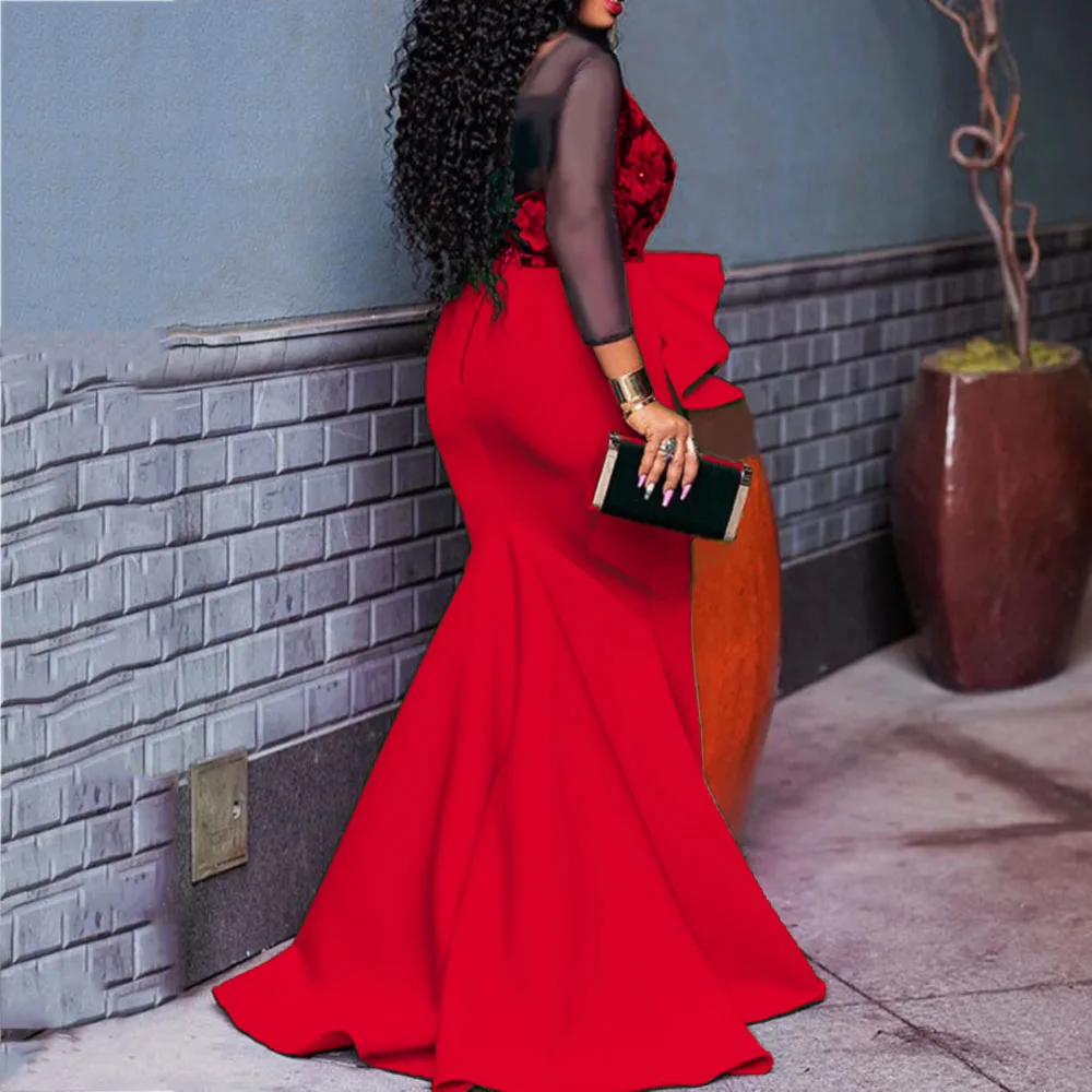 

2020 Women Long Mermaid Party Dresses Sexy African Lace Printed High Waist Vestiods Robe Elegant Trumpet Evening Dresses Green