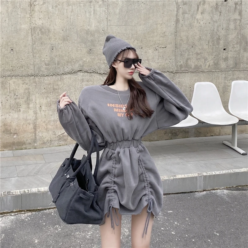 

New fashion lantern sleeves waist pleated print slim dress