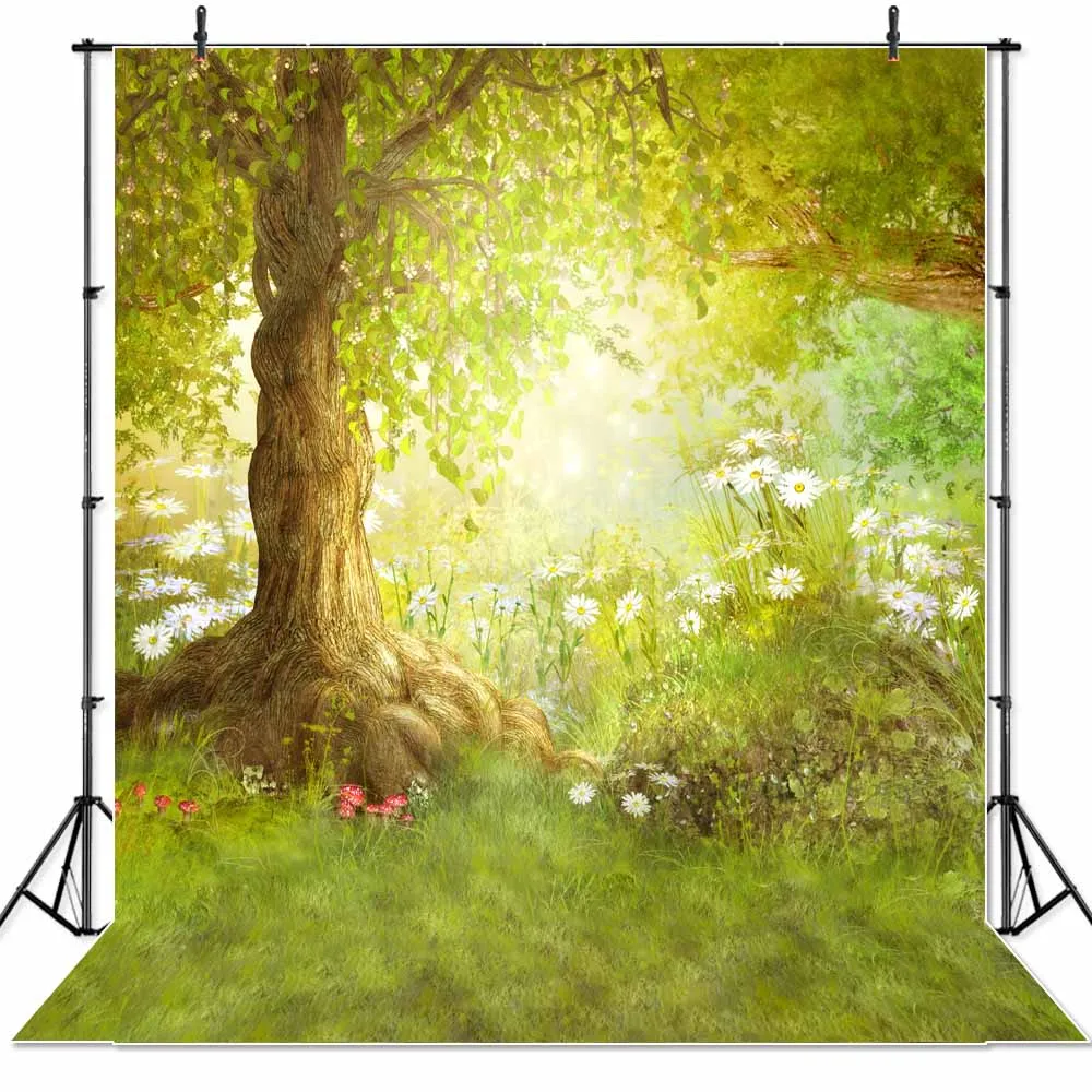 

NeoBack Spring Photography Backdrop Easter Woodland Big Tree Meadow Grass White Flower Farity Tale Photo Studio Booth Background