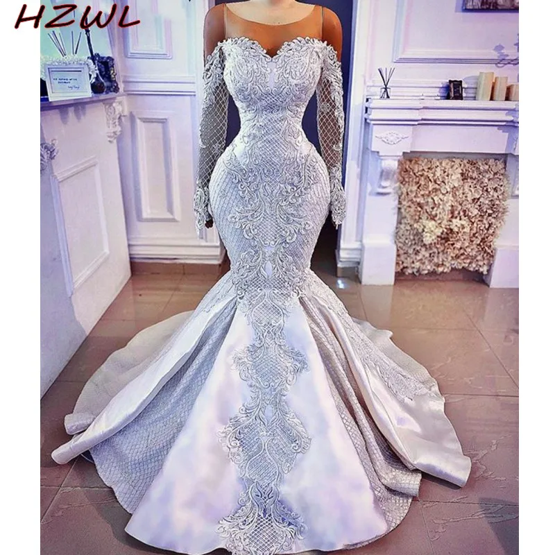 

Свадебные платья русалки с длинными рукавами в африканском стиле, длинное кружевное платье с атласной аппликацией, белое свадебное платье ...