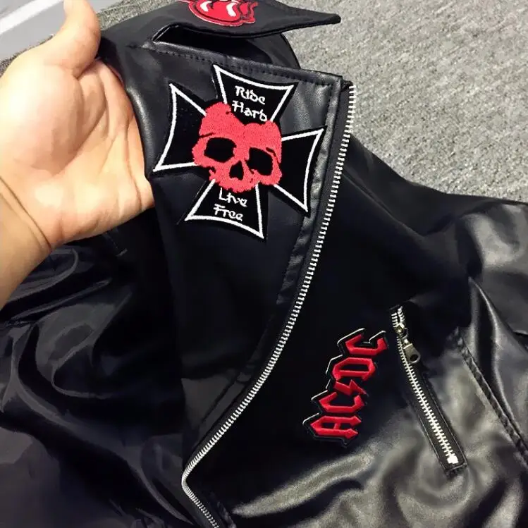 

Slim Spring New Style Handsome Motorcycle Jacket Embroidery Skull fashion Leather Clothing Male Tide Lapel Coats