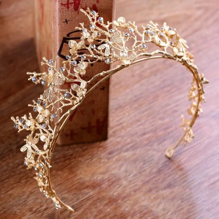 Диадема для волос женская Золотая тиара с кристаллами и эльфами свадебная