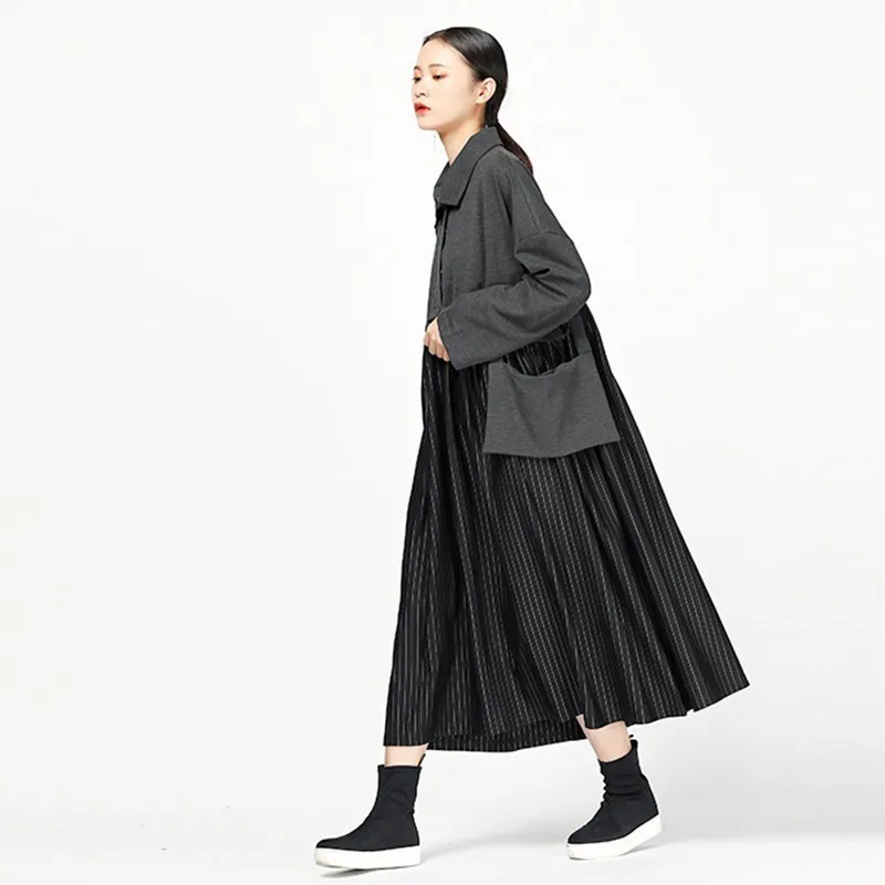 Женское платье в полоску с отложным воротником длинным рукавом и большим