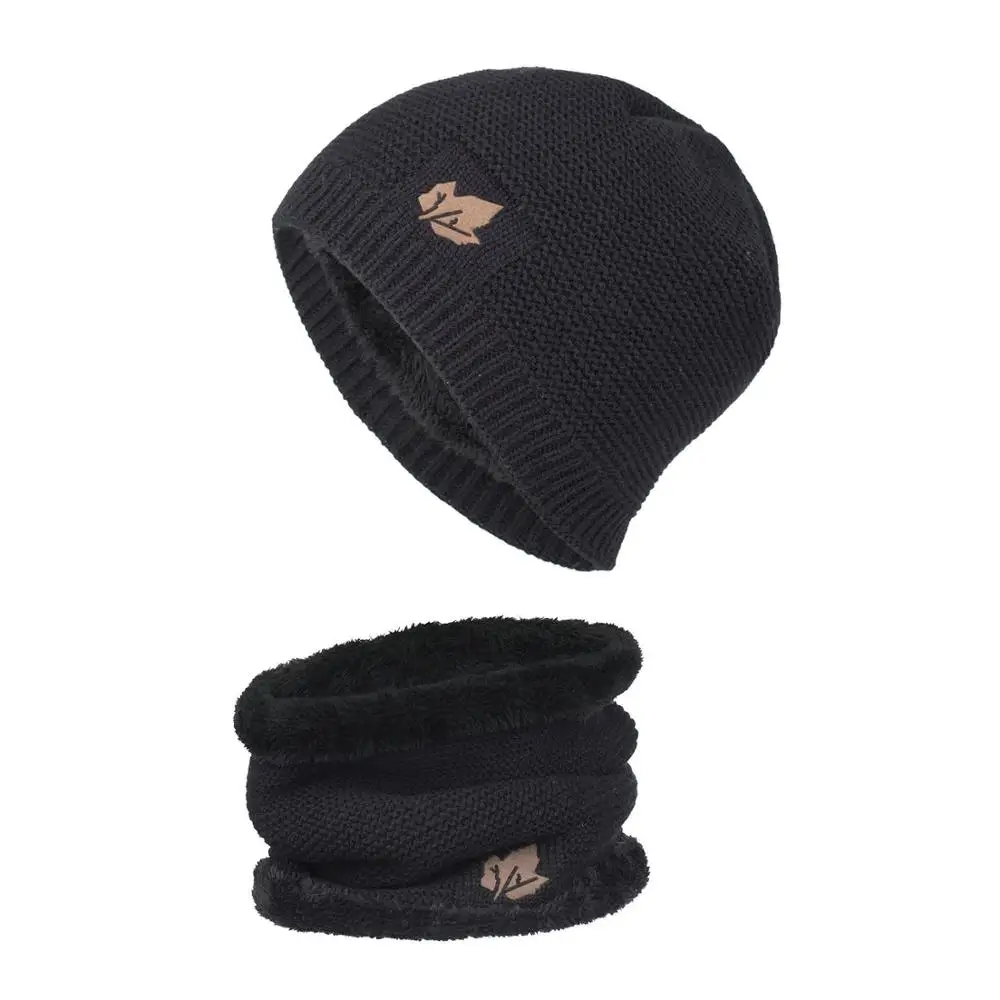Black Set RoxCober, новинка, вязаные шапки Skullies, шапка с воротником, снуд для мужчин и женщин, береты-кепки Gorros, Мужская теплая однотонная зимняя шапка, шапка, комплект - Цвет: Black Set