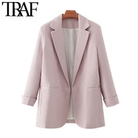 traf women fashion office wear solid blazers coat vintage long sleeve pockets female outerwear chic tops