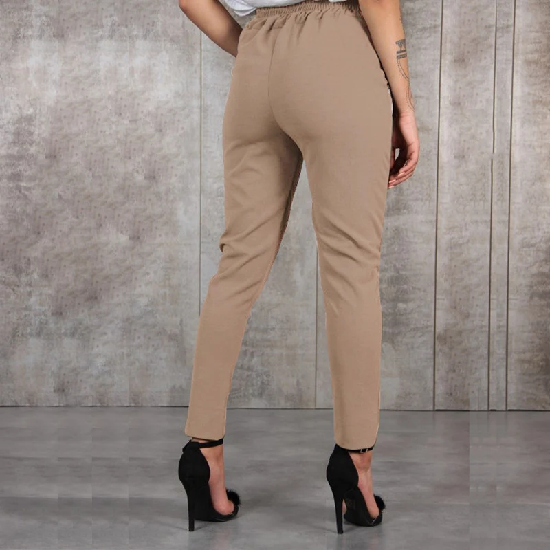 

GAOKE Casual Slim Chiffon Thin Pants For Women With Sash High Waist Black Khaki Green Pants Woman Trousers
