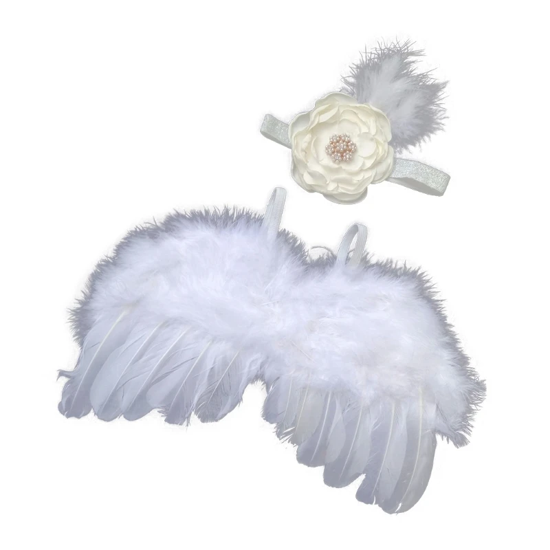 

N80C Newborn Photography Props Costume Infants Photo Shooting Fashion Baby Kids Headband Feather Angel Wing Set