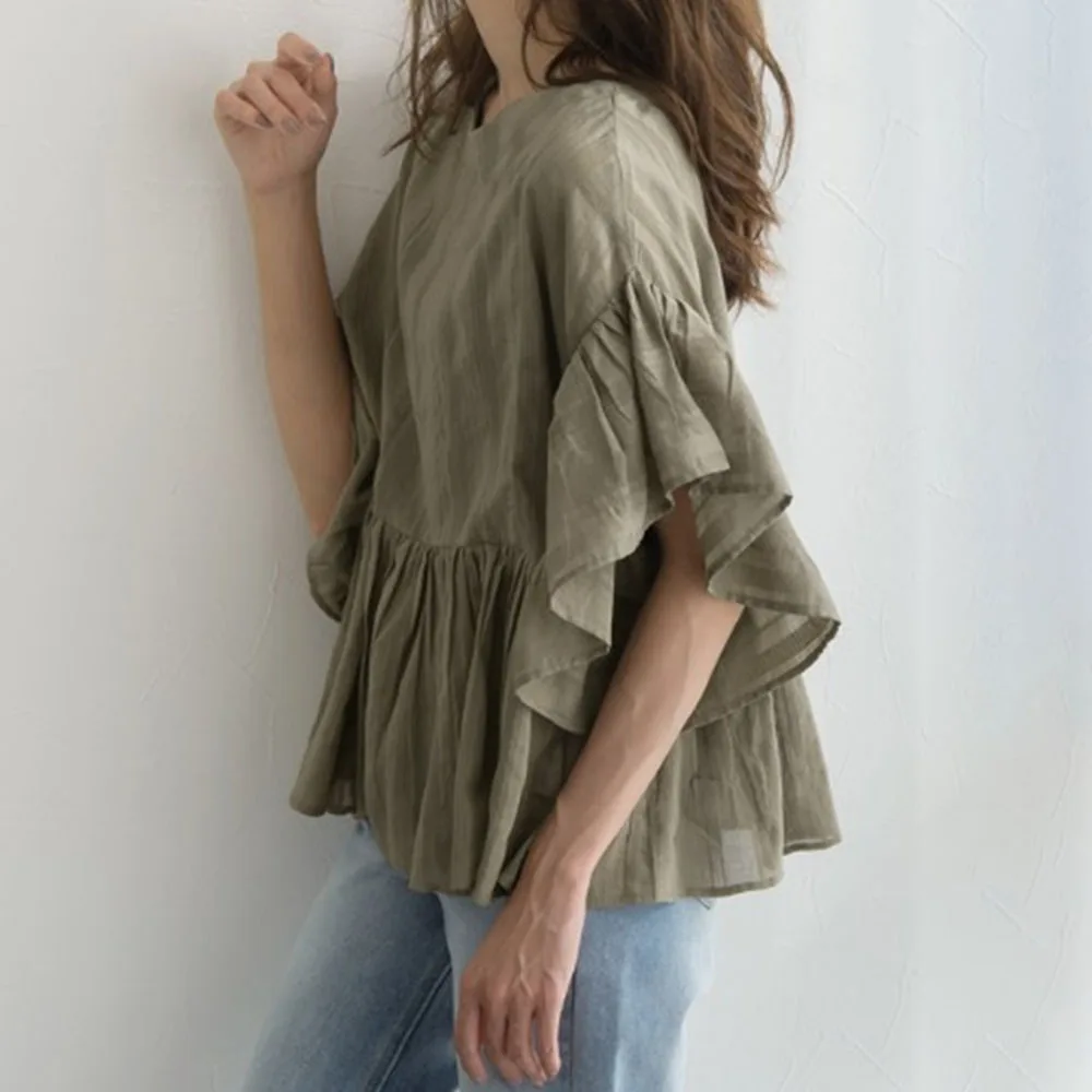 

Blouses 2021 Women Tops Lotus Leaf Sleeve Autumn New Casual All-match Retro Harajuku Style Round Neck Shirt Loose Pullover Hot