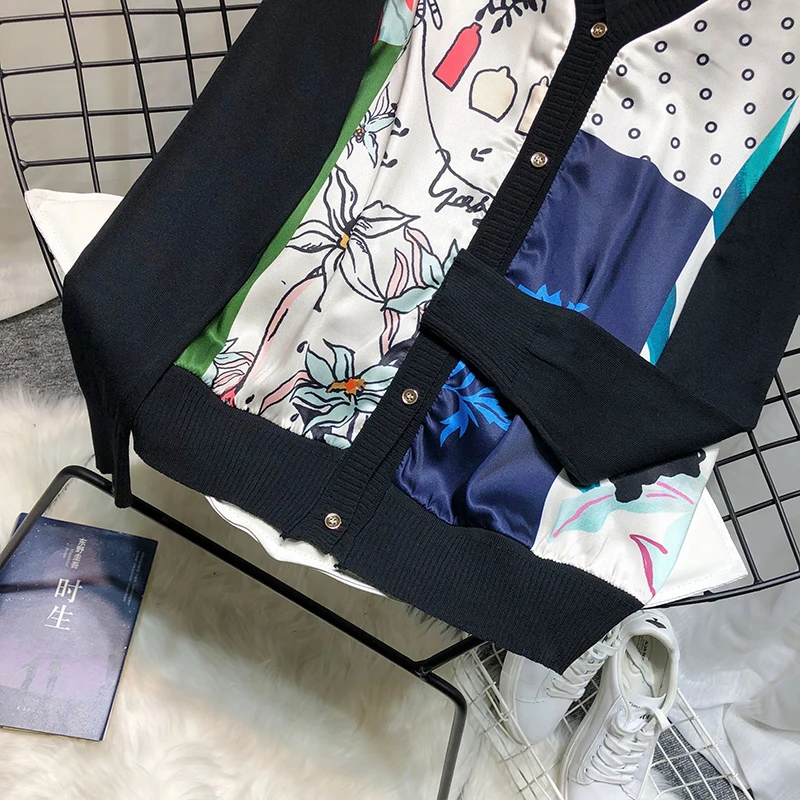ALPHALMODA Европейский с v-образным вырезом атласный свитер с принтом пэчворк вязаный искусственный однобортный пуловер осенний модный топ с длинными рукавами