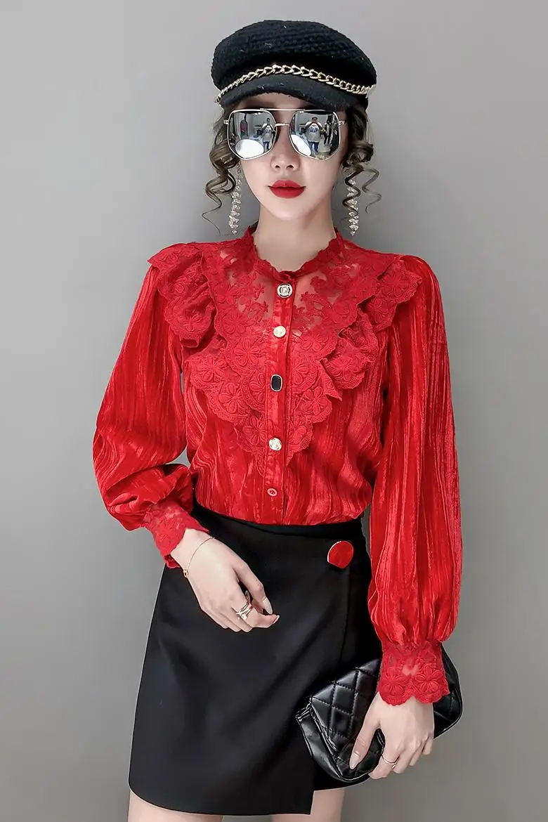 

COIGARSAM Full Sleeve Shirt Womens tops New Spring Chiffon Lace Women shirts Brown Red 6693