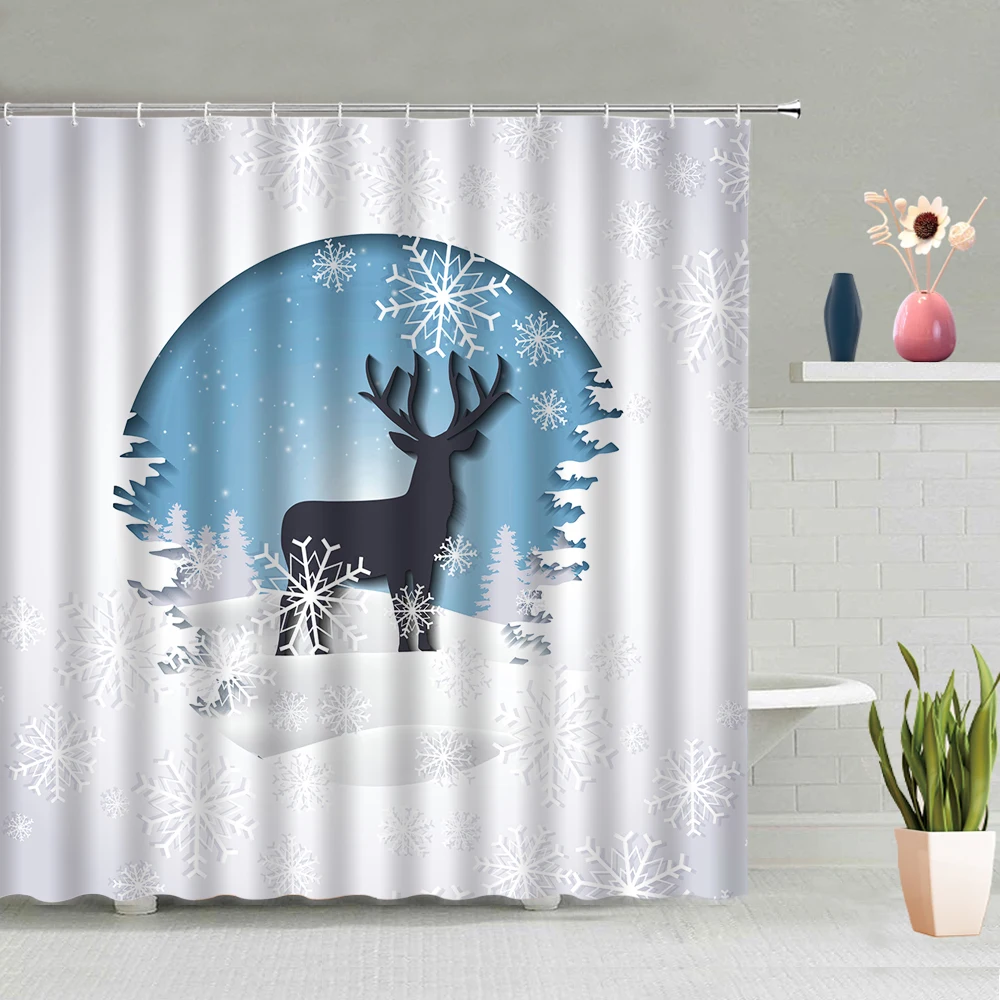 

Занавеска для душа с изображением мультяшного оленя, лес, звездное небо, луна, снежинка, остров, экран для ванной комнаты, моющаяся ткань с ко...