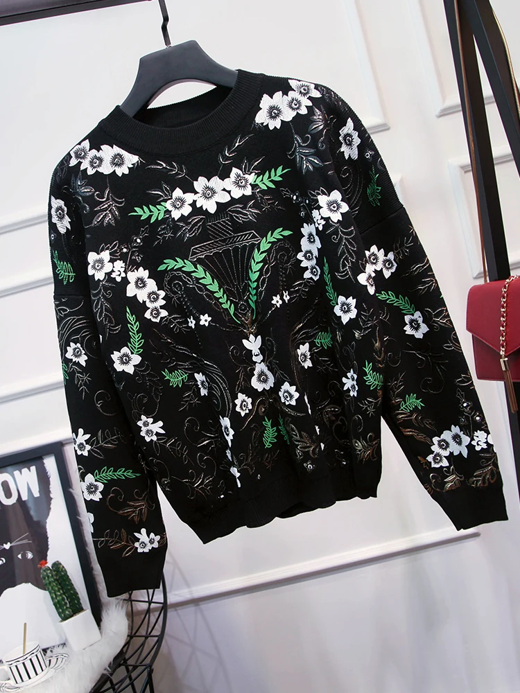 9.19 2019 Autumn Winter New women flower print long sleeve knitted sweaters coat + casual pants two-piece set | Женская одежда