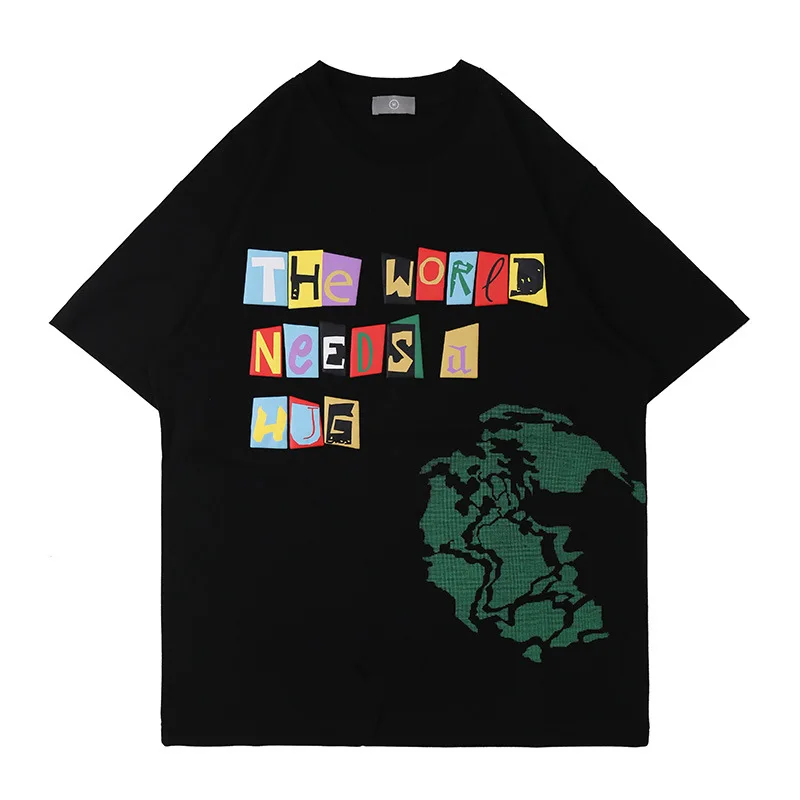 

2021 Summer Fashion High Street Letters Foam Printing Earth Embroidery Short-sleeved T-shirt Oversized T Shirt Men Clothing