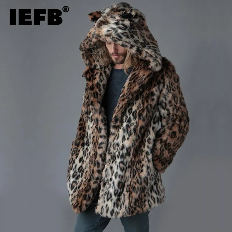 Мужское пальто с мехом IEFB Осень-зима леопардовое средней длины теплая утепленная