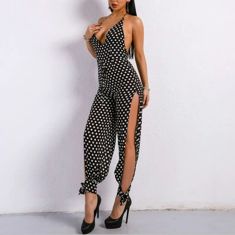 

New Top Sexy Women jumpsuits Romper Deep V-Neck Backless Black Dot split Evening Club Party Bodycon Playsuit Fashion Black Pants