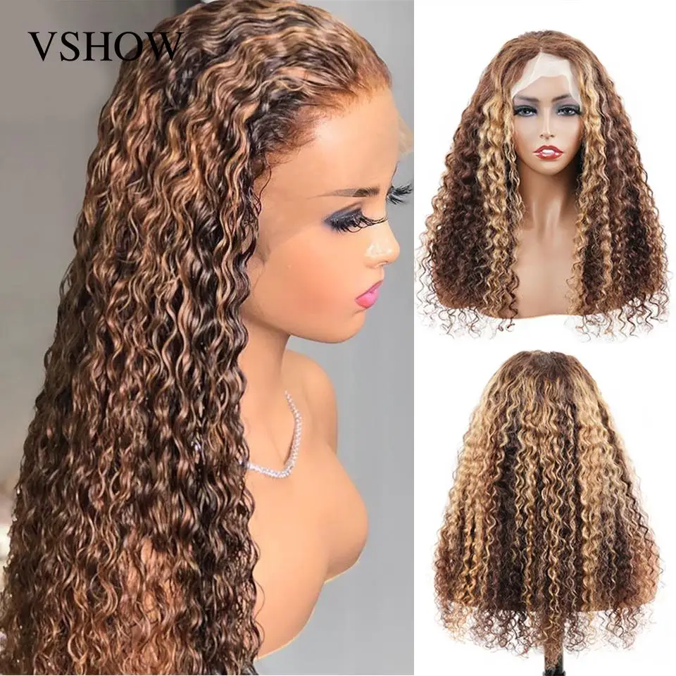 

Curly Hair Brazilian Water Wave Highlight Wig Remy Human Hair 13X4 Lace Frontal Wig #4/27 Brown Highlight 180% Density For Women