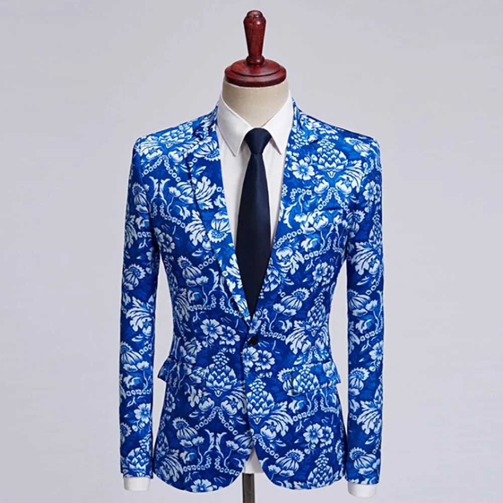 

Fashion Wedding Dark Blue Men's Flower Printed Men Slim Fit Suit Set Formal Blazers Singer Costume Casual Night Party