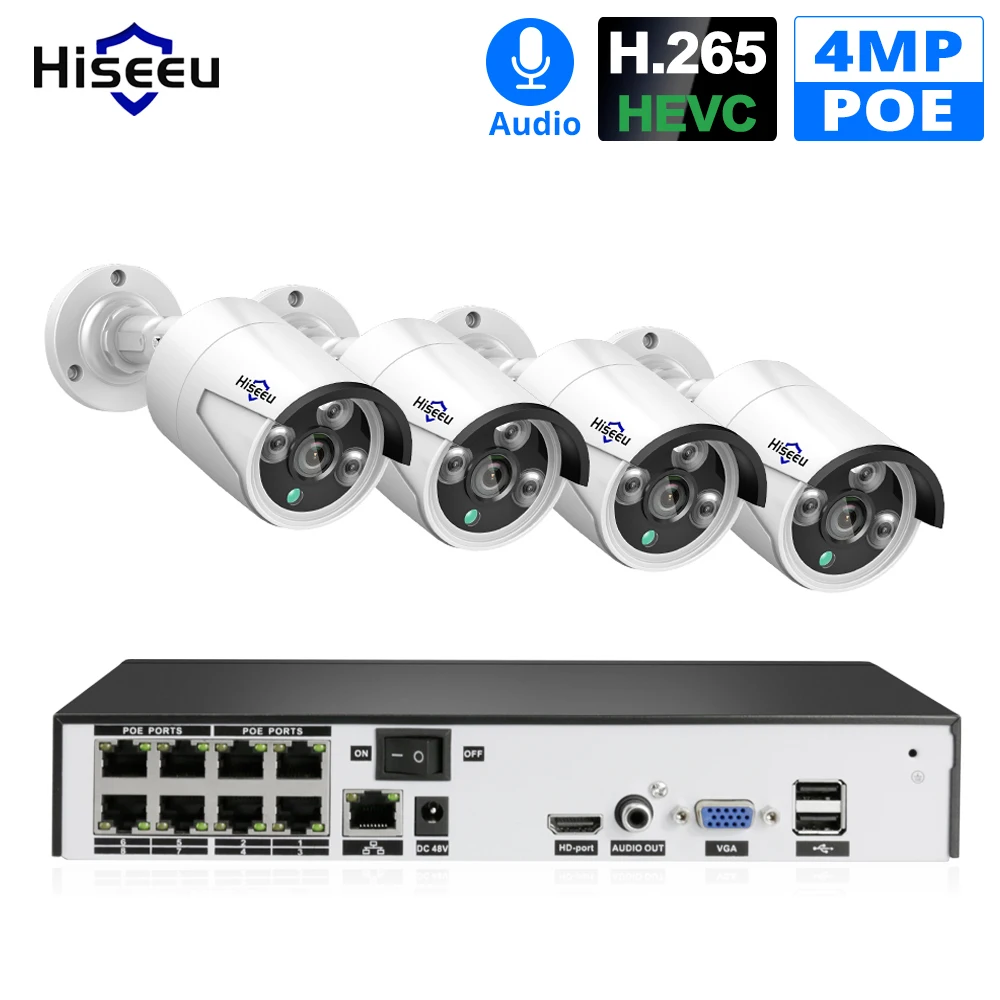 Hiseeu H.265 система видеонаблюдения POE NVR комплект 8CH 4MP Водонепроницаемая POE ip-камера пулевидная система камер домашней безопасности открытый низкий люкс Onvif