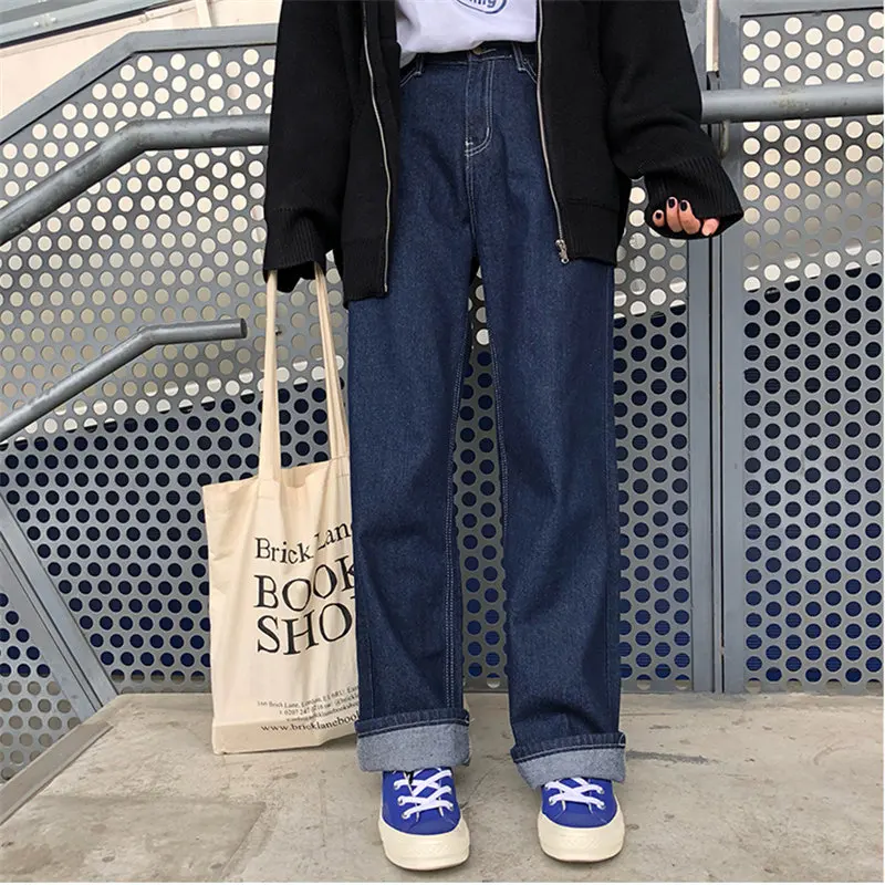 

HziriP Brief Chic Vintage Casual Office Ladies High Waist Women Jeans Straight Female Loose All Match All Match Denim Trousers