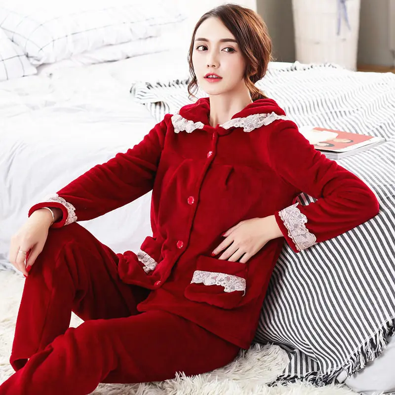 

2 Pcs/Lot Autumn Winter Women pajamas set Suit Thick Warm Coral Flannel nightgown Female Pyjamas Sleepwear Full Trousers