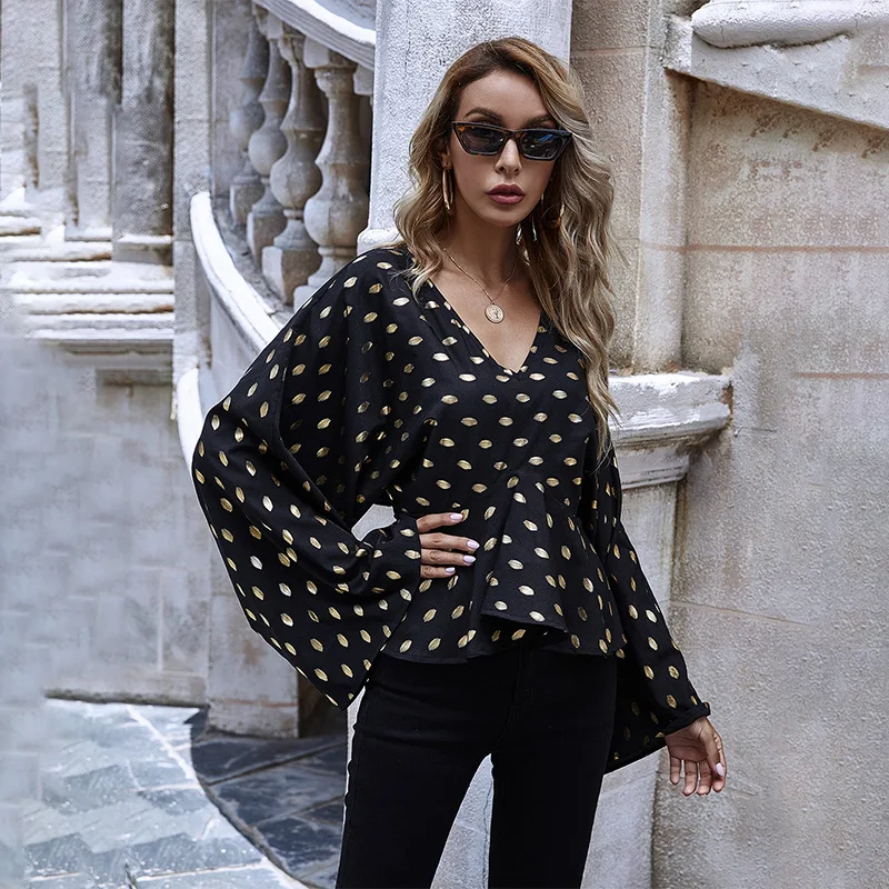 Fashion ChiffonTop Blouse Women Clothing Autumn V-neck Flared Long Sleeve Sexy Vintage Female Shirt Plus Size Casual Lady Black