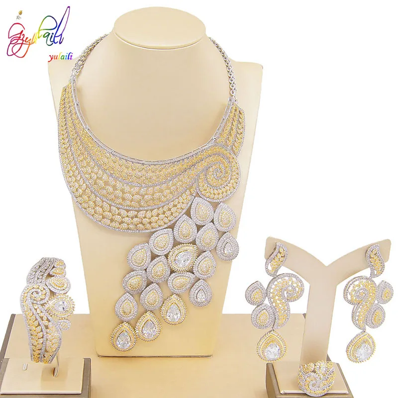 

Yulaili Fashion Luxury Wedding Bridal Jewelry Sets America Crystal Cubic Zirconia Big Necklace Earrings Bracelet Ring for Women