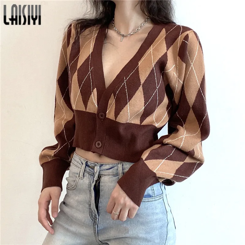 

Sexy V-neck Knitted Long Sleeve Tops Women Crop Sweater Fashion Diamond Printing Draw Cropped Cardigan Women Clothing New Style