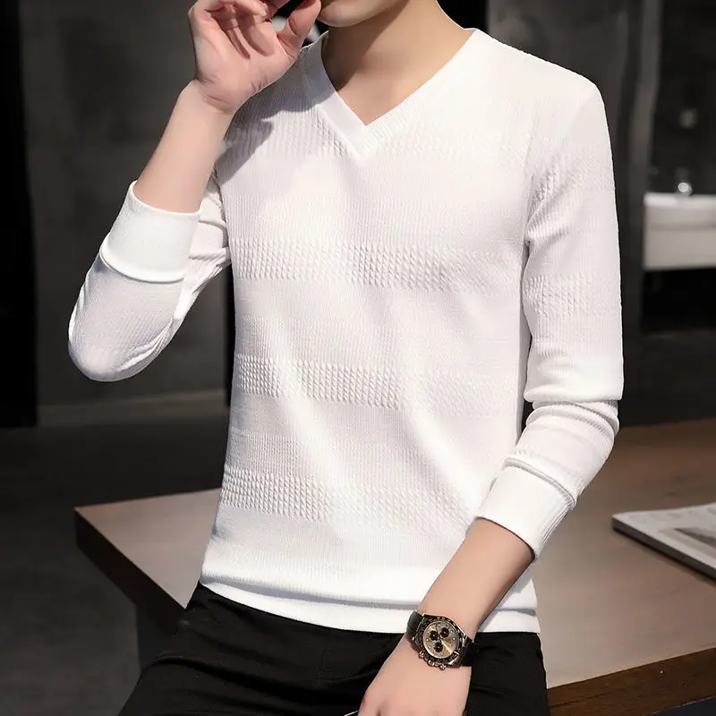 

T Shirt Men Long Sleeve T-shirt V-neck Sweater Korean Shirts 2021 Autumn Clothes Coat Knitted Casual Mens T Shirts Tees Fashion